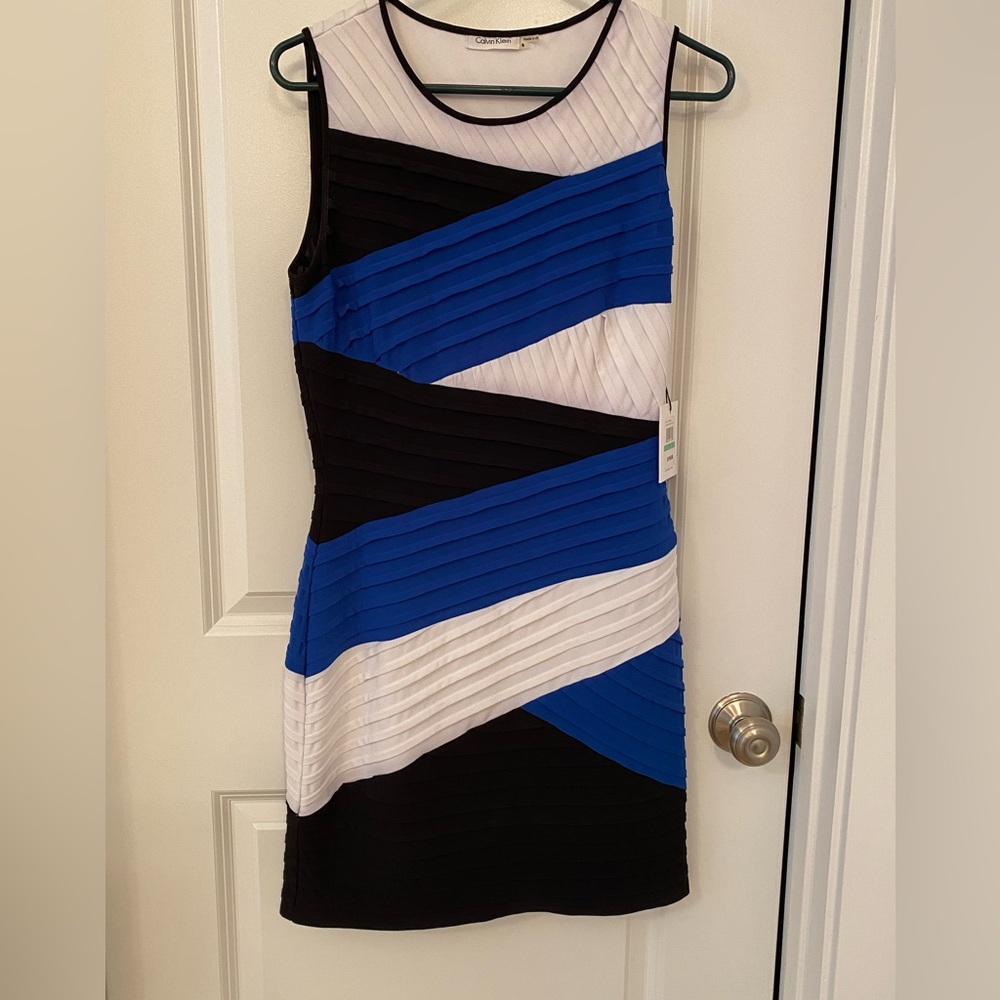 Calvin Klein, NWT Colorblock Sleeveless Dress - Black, Blue, and White